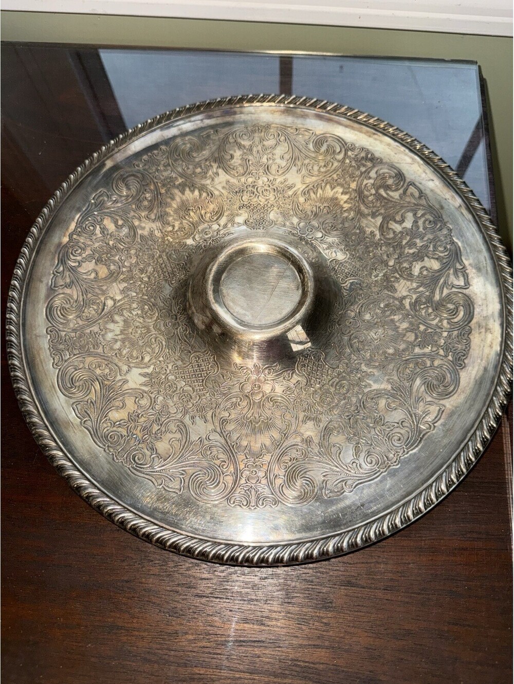 Vintage Silver Plate Engraved Floral Serving & Dip Tray Center Piece , MCM